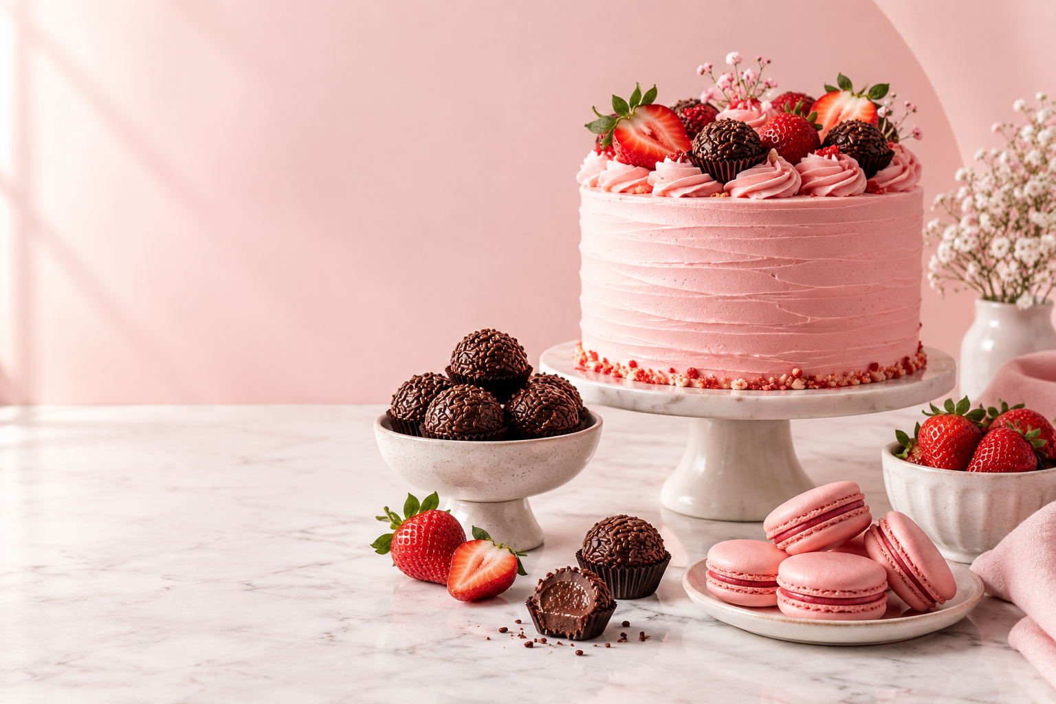Bolo rosa, brigadeiros, morangos e macarons artesanais